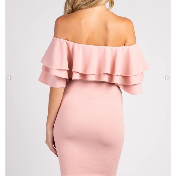 Pink blush mauve pink layered ruffle off shoulder fitted maternity dress Large - Picture 4 of 11